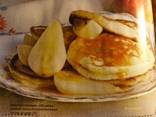 American Crumpets with salted caramel sauce and poached pears of Forbidden - Recipefy