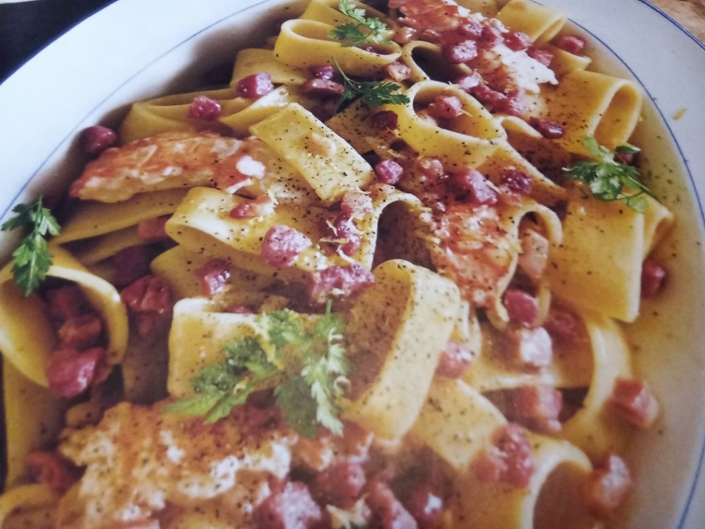 calamarata con carbonara di scampi of Marina Marini - Recipefy
